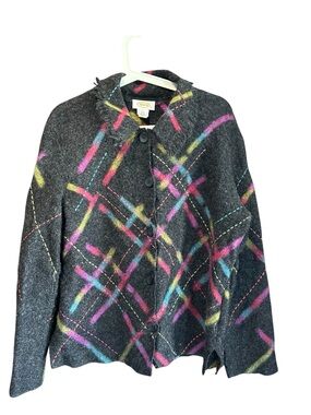 Talbots Charcoal Wool-Blend Jacket with Pink, Yellow & Teal Plaid